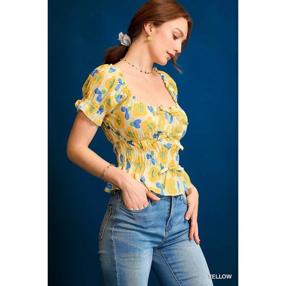 UMGEE Yellow Blue Floral Smocked Peplum Short Sleeve Blouse Top NEW - Picture 4 of 7